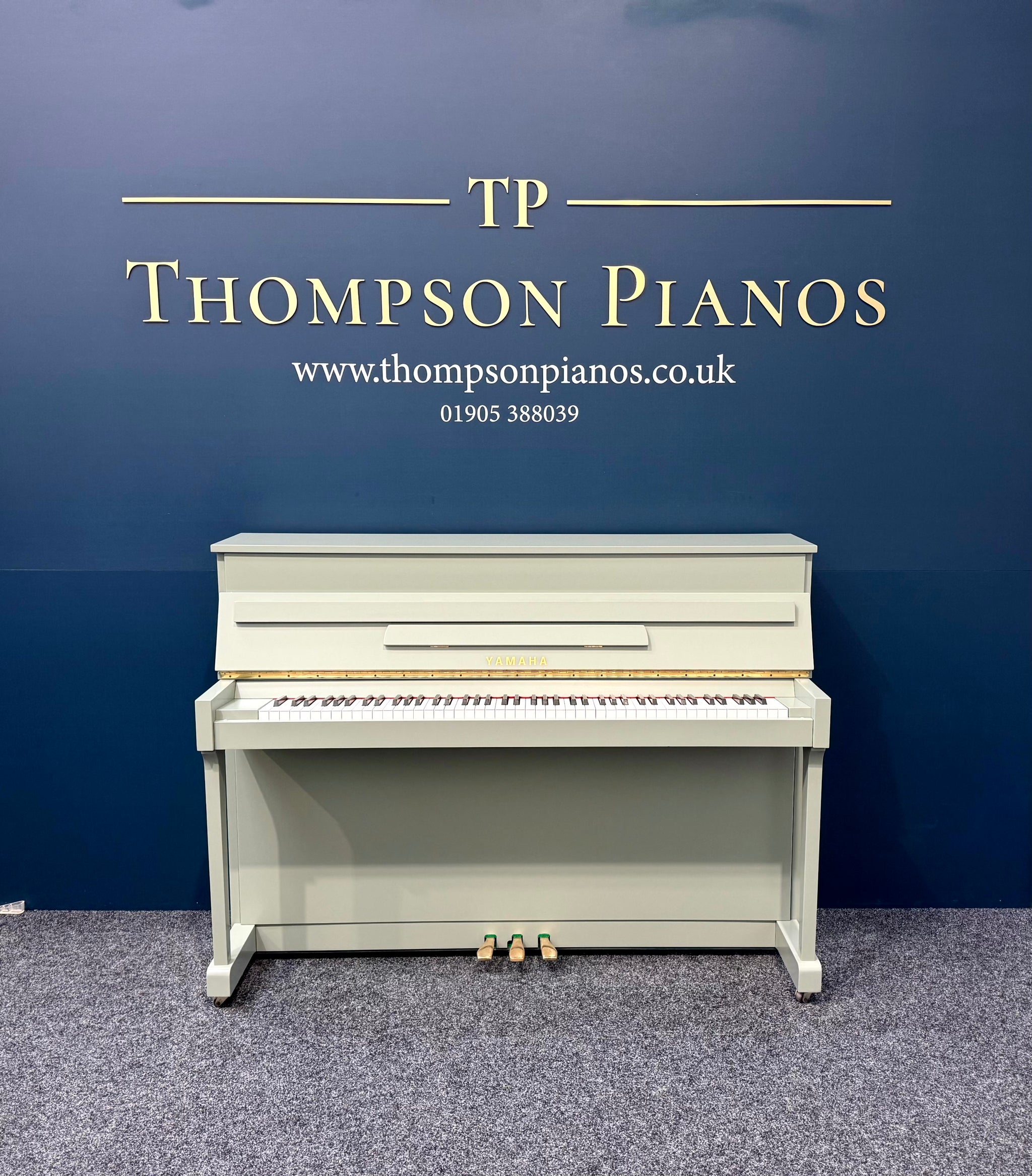 Yamaha E110 Upright Piano – Made in England – Refinished in Farrow &amp; Ball Card Room Green